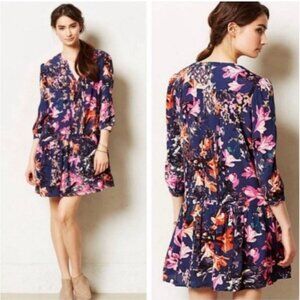 Anthropologie Maeve Caravane Dress Size Small Boho Tunic Navy Floral Drop Waist